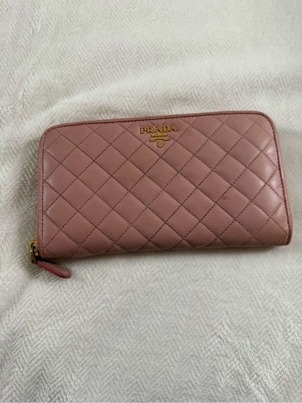Prada Quilted Zip-Around Wallet in Blush Pink with Gold Logo